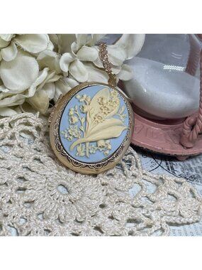 Blue Cream Mother birthday Lily of Valley Rose Gold Cameo Locket Wedding Irish